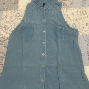 Blue Sleeveless Button-Up Shirt